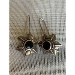 Vintage 925 Sterling Silver star shape dangle drop earrings black onyx stone